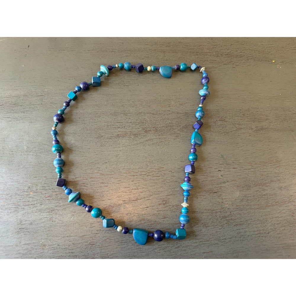 Handmade Blue Wood Bead Statement Necklace Bohemian Mixed Geometric Shapes 36 In
